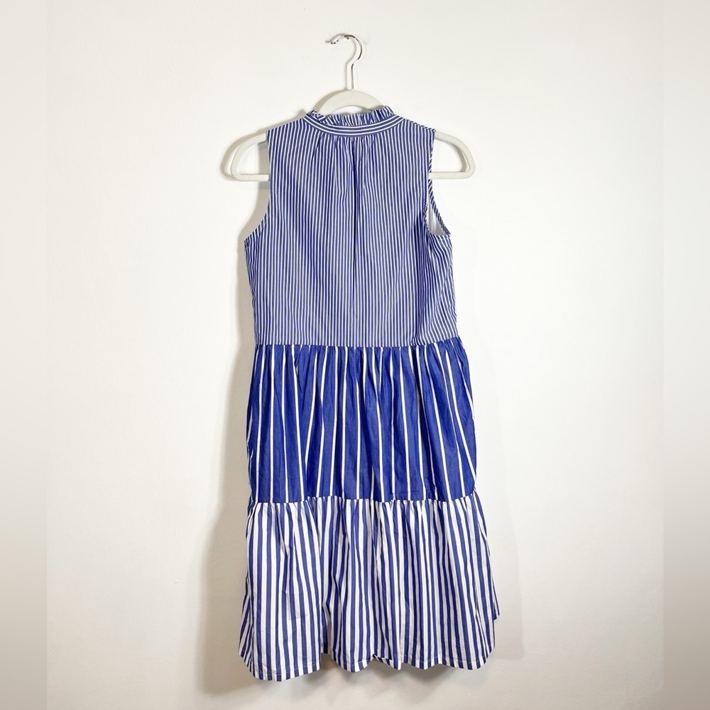 J. Crew Sleeveless Tiered Popover Dress in Mixed Stripe Blue White XS - Picture 5 of 8